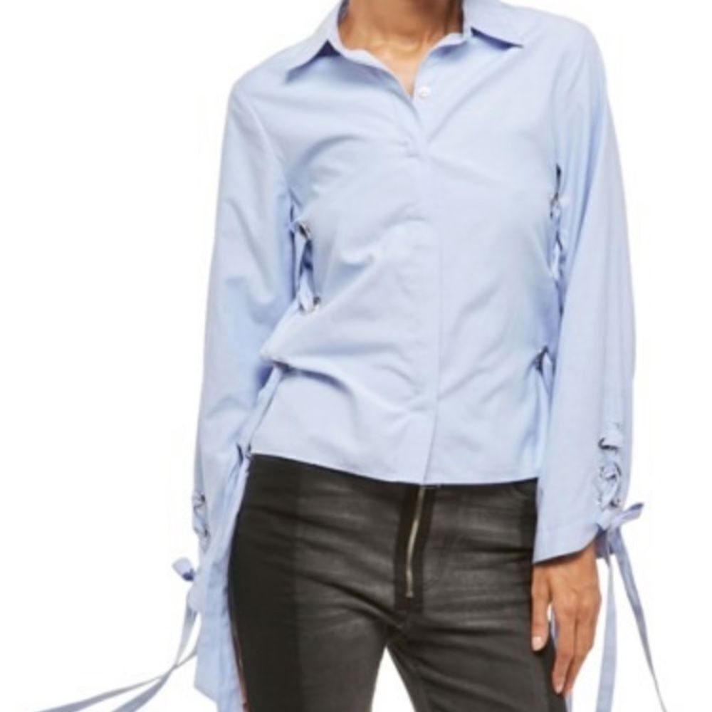 Alpha & omega lt blue button front lace up blouse